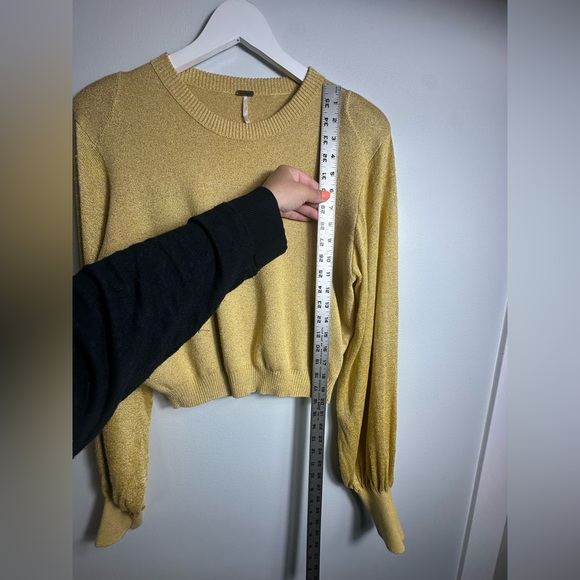 Free People Let it Shine Mustard  Metallic Glitter Ballon Sleeve Light Sweater M - Picture 12 of 16